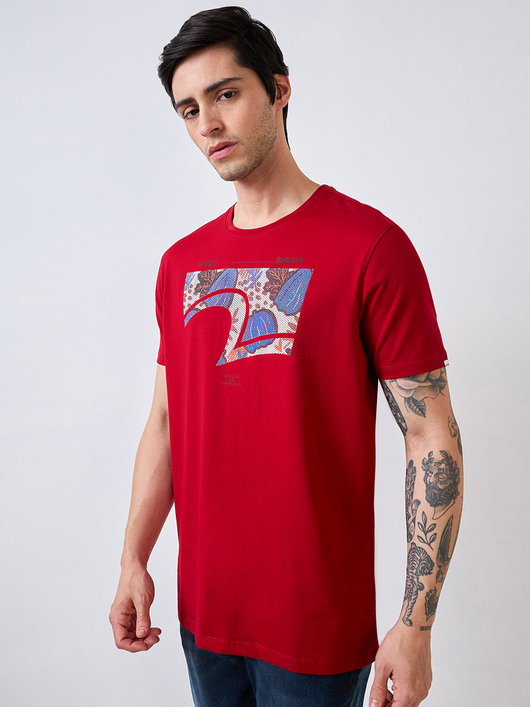 Spykar Red Half Sleeves Slim Fit T-Shirt For Men