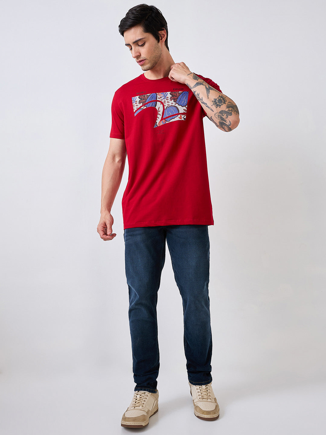 Spykar Red Half Sleeves Slim Fit T-Shirt For Men