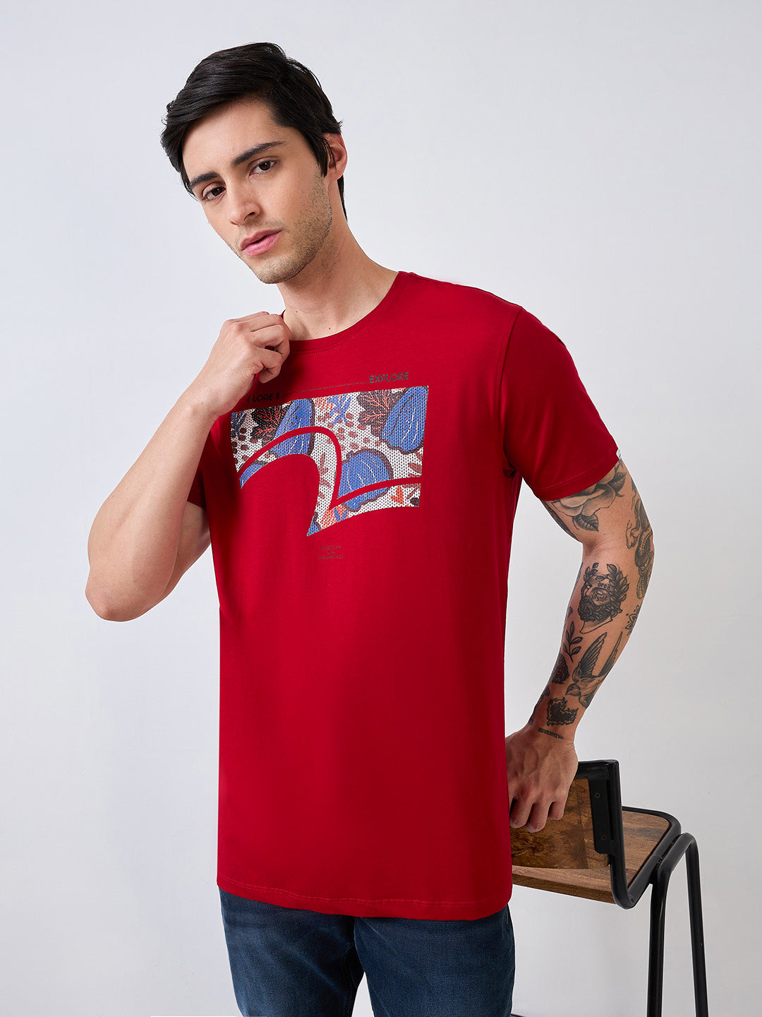 Spykar Red Half Sleeves Slim Fit T-Shirt For Men