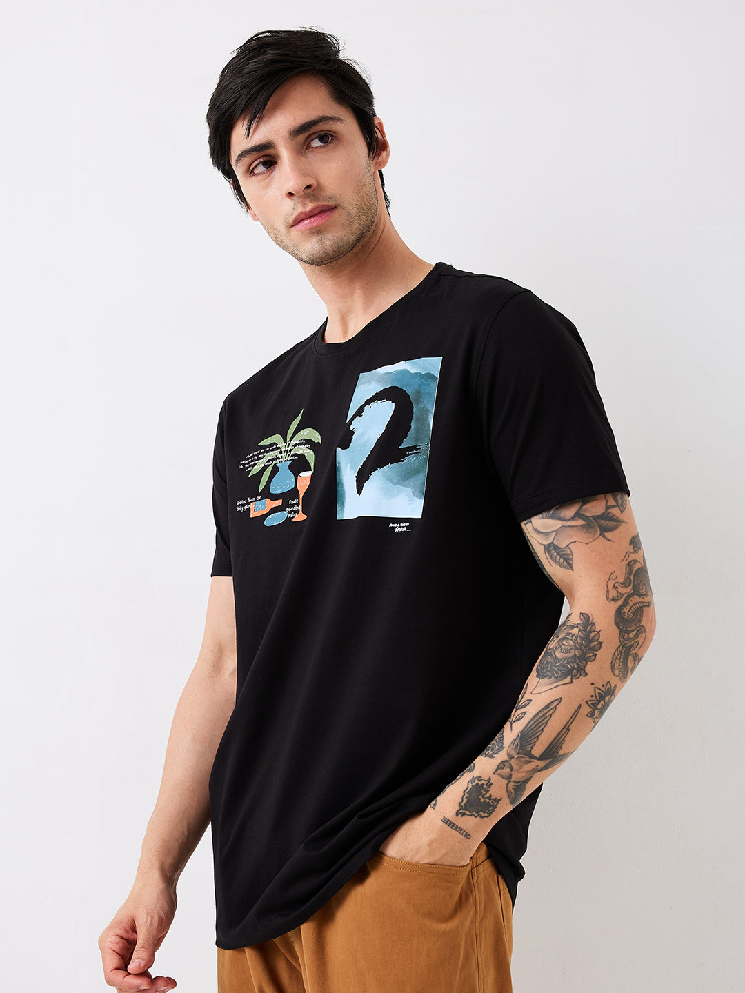 Spykar Black Slim Fit Solid Half Sleeve T-Shirt For Men