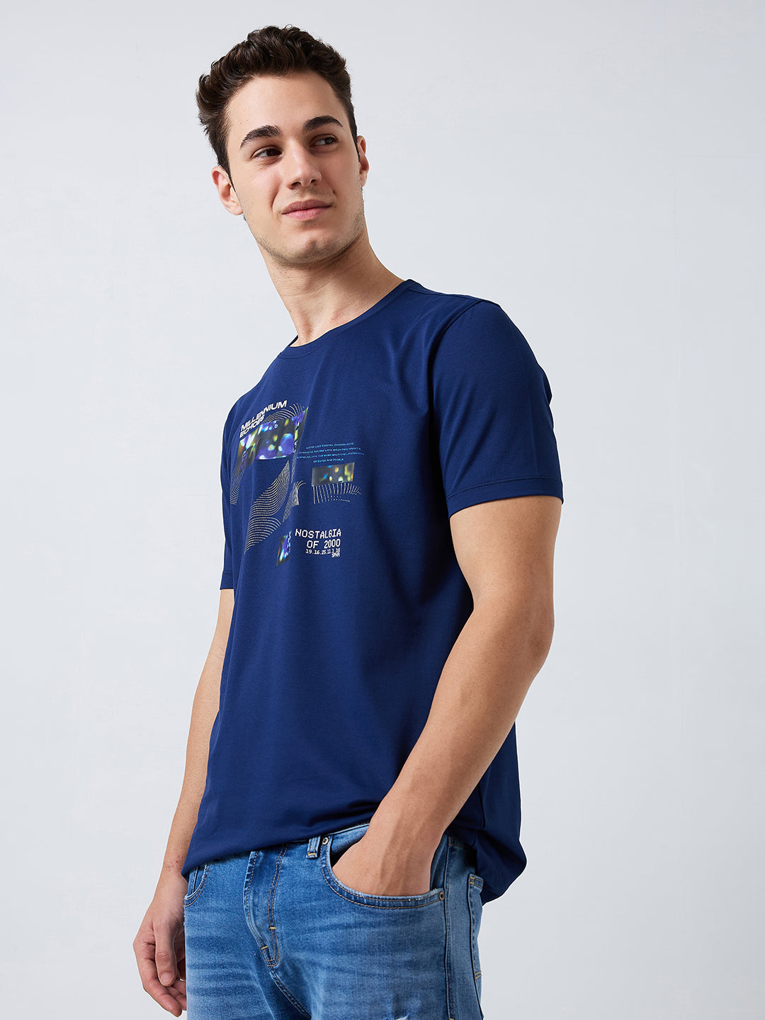Spykar Blue Slim Fit Solid Half Sleeve T-Shirt For Men