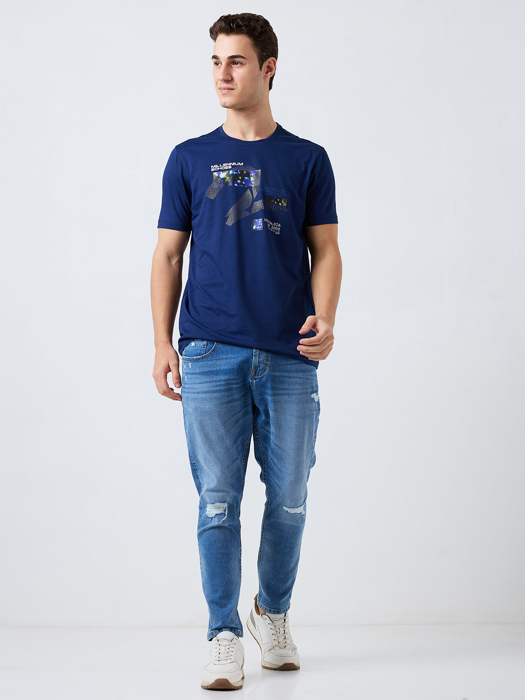 Spykar Blue Slim Fit Solid Half Sleeve T-Shirt For Men