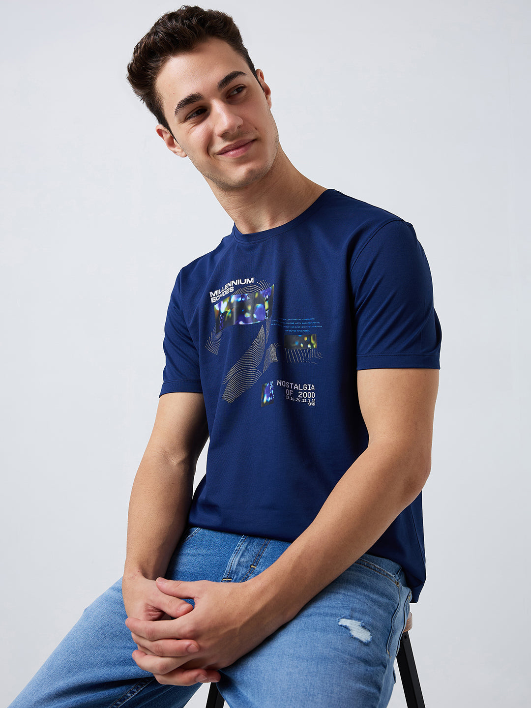 Spykar Blue Slim Fit Solid Half Sleeve T-Shirt For Men