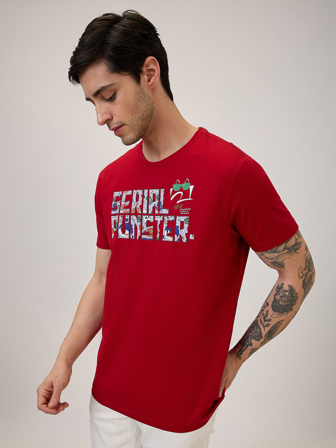 Spykar Slim Fit Half Sleeve Red Solid T-Shirt For Men