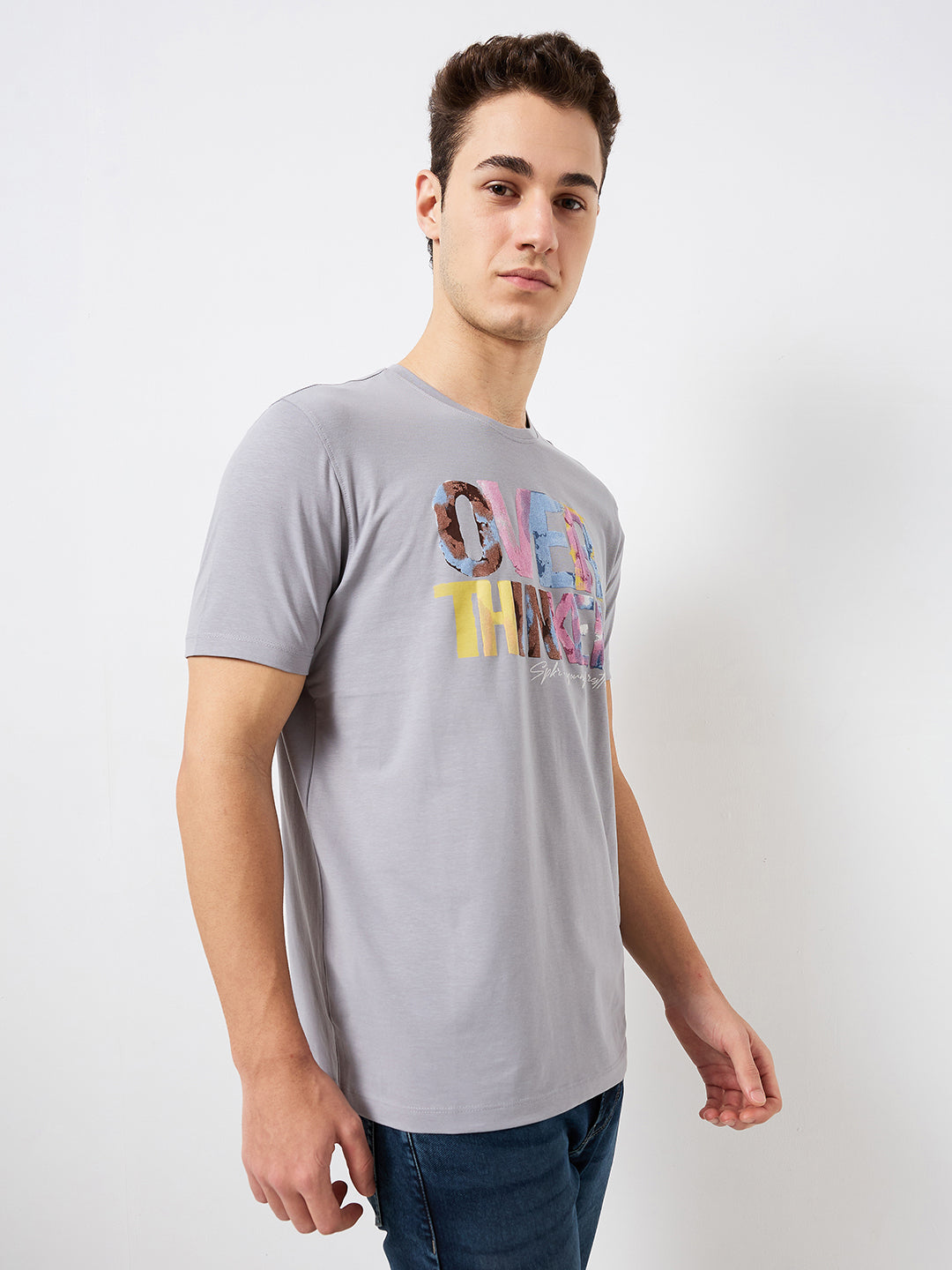 Spykar Grey Slim Fit Solid Half Sleeve T-Shirt For Men