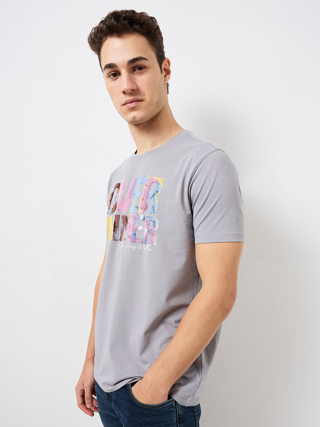 Men T-Shirt Grey Solid Slim Fit