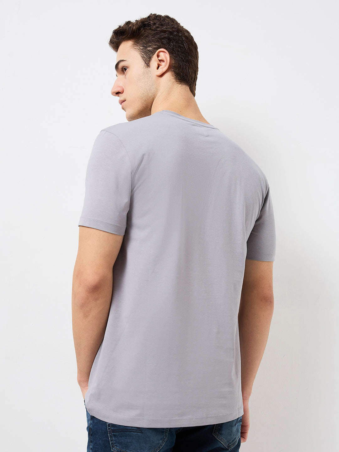 Spykar Grey Slim Fit Solid Half Sleeve T-Shirt For Men