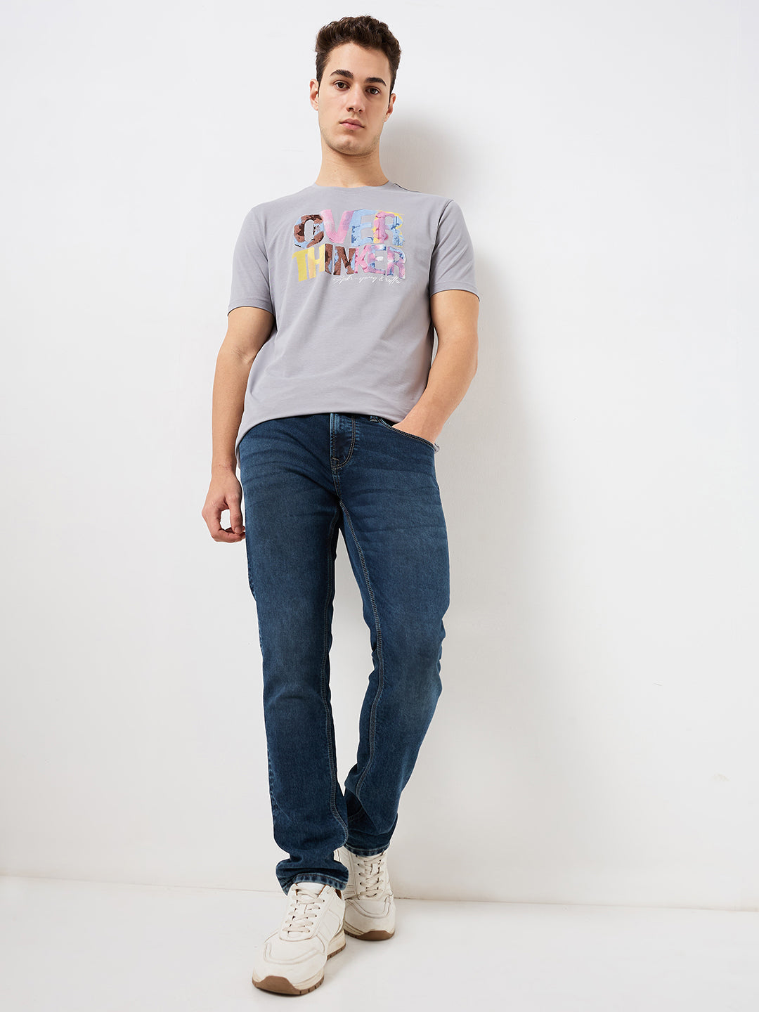 Men T-Shirt Grey Solid Slim Fit