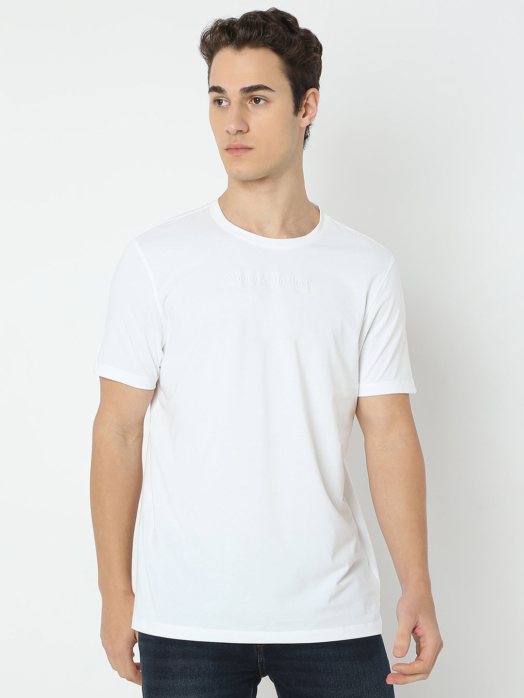 Spykar White Slim Fit Solid Half Sleeve T-Shirt For Men