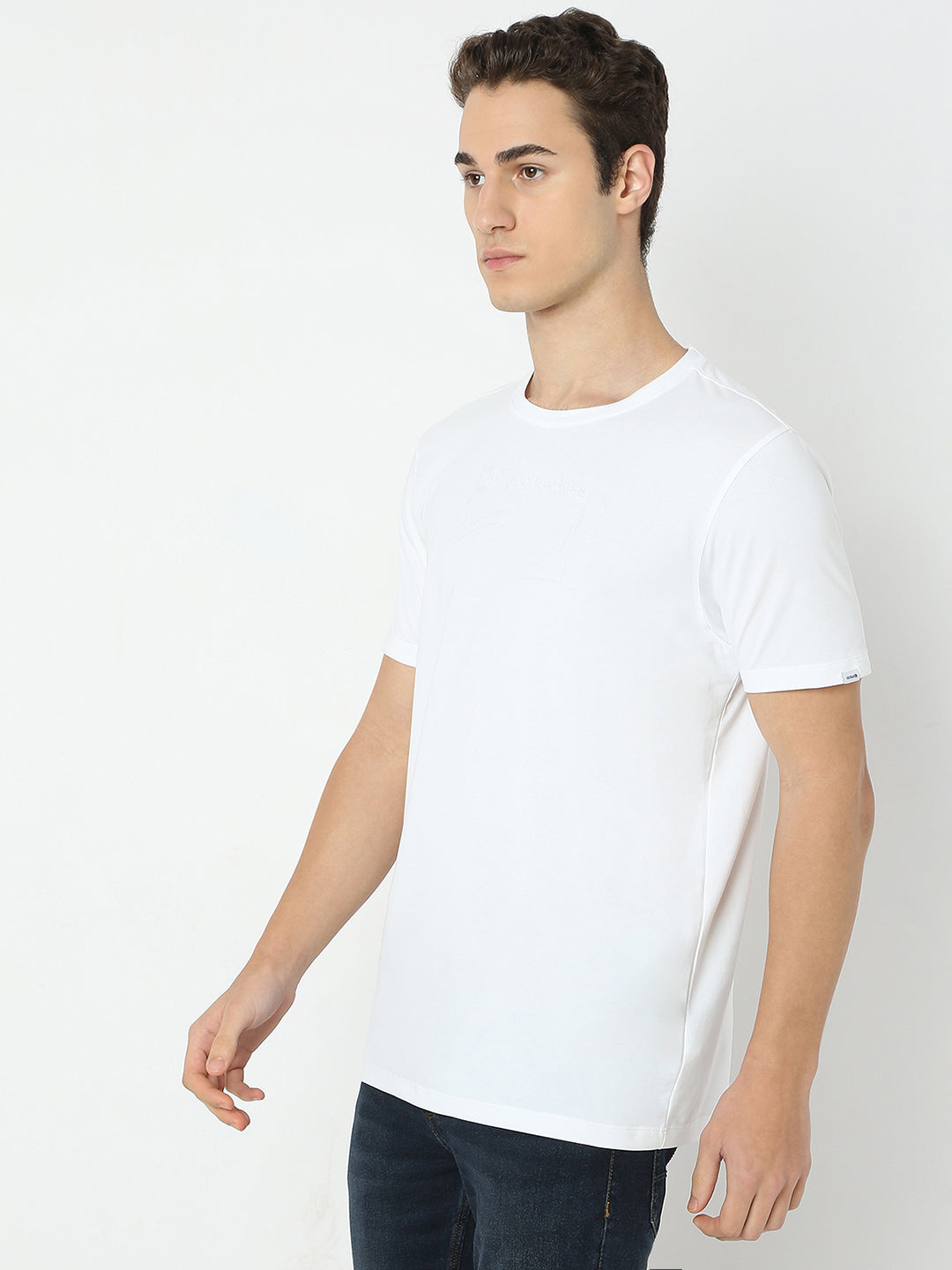 Spykar White Slim Fit Solid Half Sleeve T-Shirt For Men