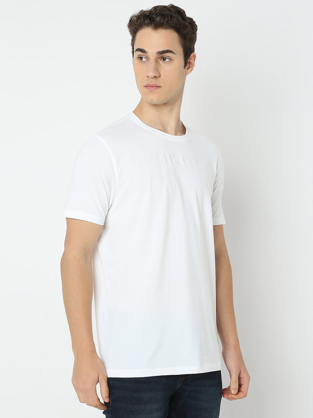 Spykar White Slim Fit Solid Half Sleeve T-Shirt For Men