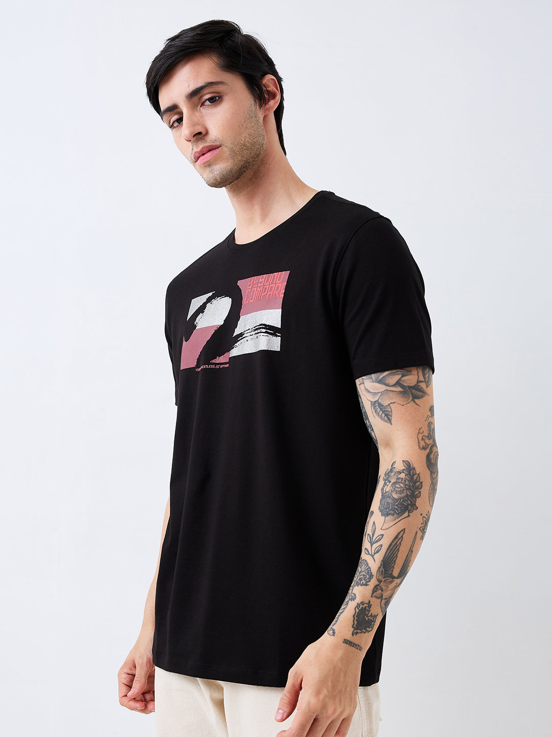 Spykar Black Slim Fit Solid Half Sleeve T-Shirt For Men