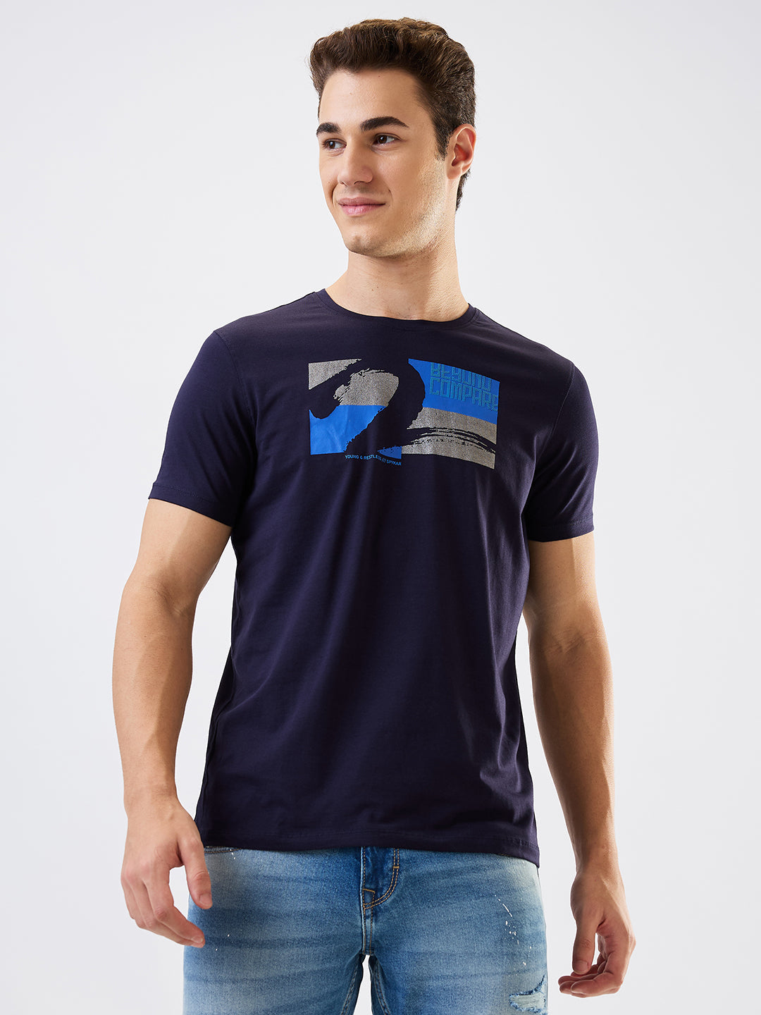 Spykar Blue Slim Fit Solid Half Sleeve T-Shirt For Men