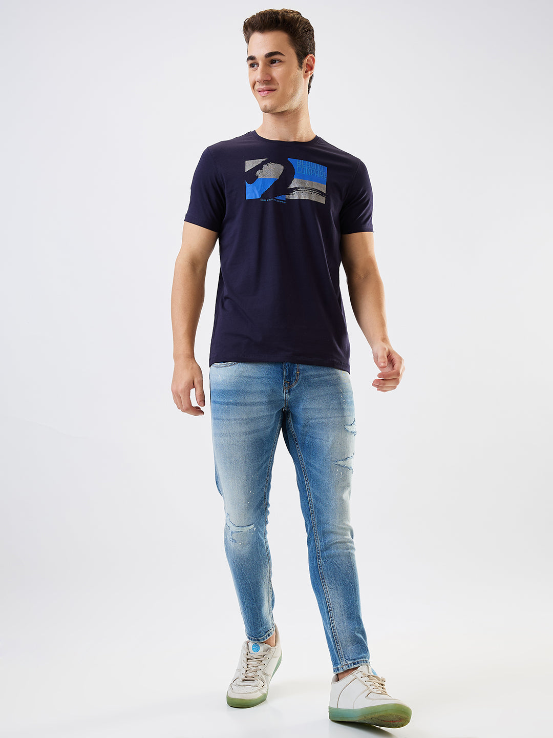 Spykar Blue Slim Fit Solid Half Sleeve T-Shirt For Men