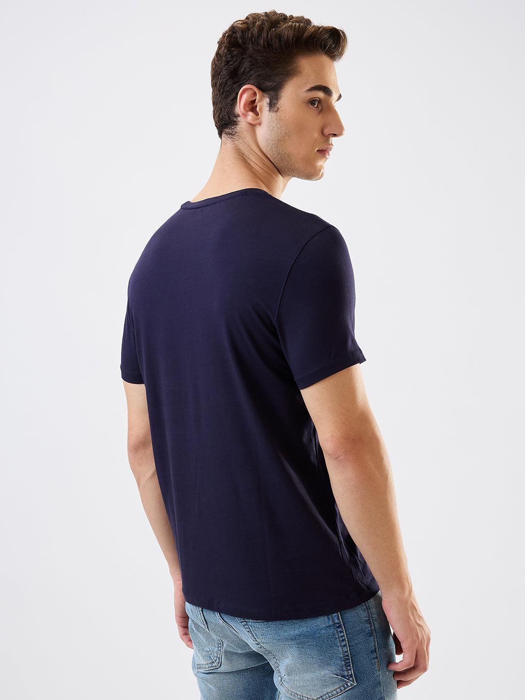 Spykar Blue Slim Fit Solid Half Sleeve T-Shirt For Men