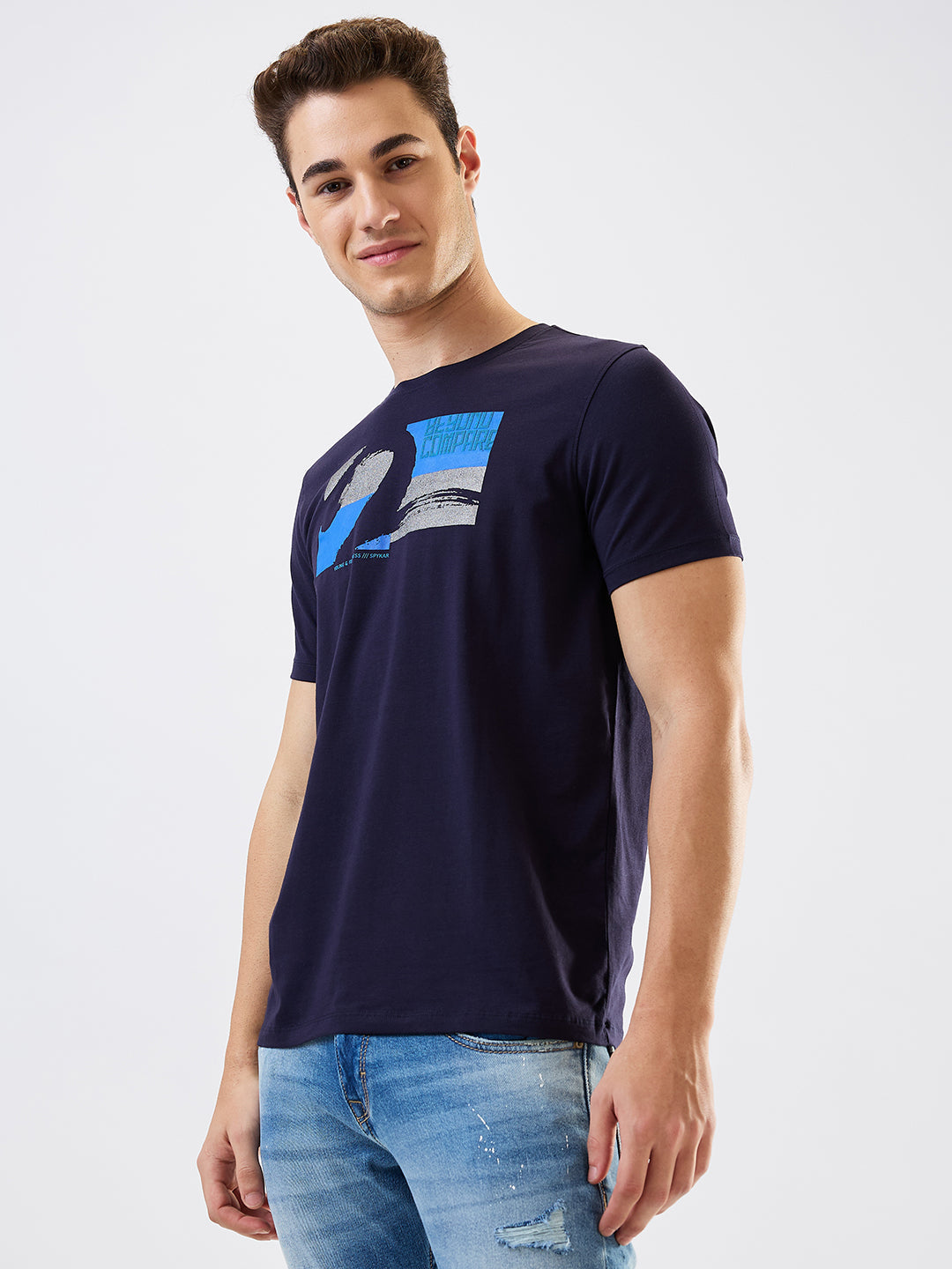 Spykar Blue Slim Fit Solid Half Sleeve T-Shirt For Men