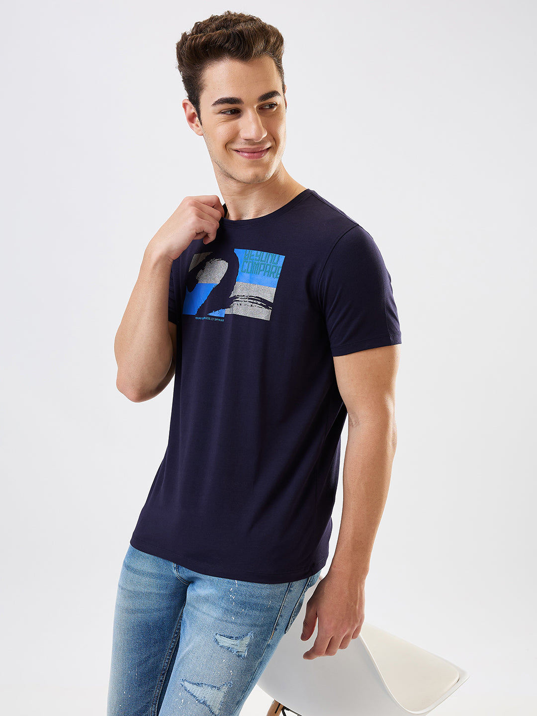 Spykar Blue Slim Fit Solid Half Sleeve T-Shirt For Men