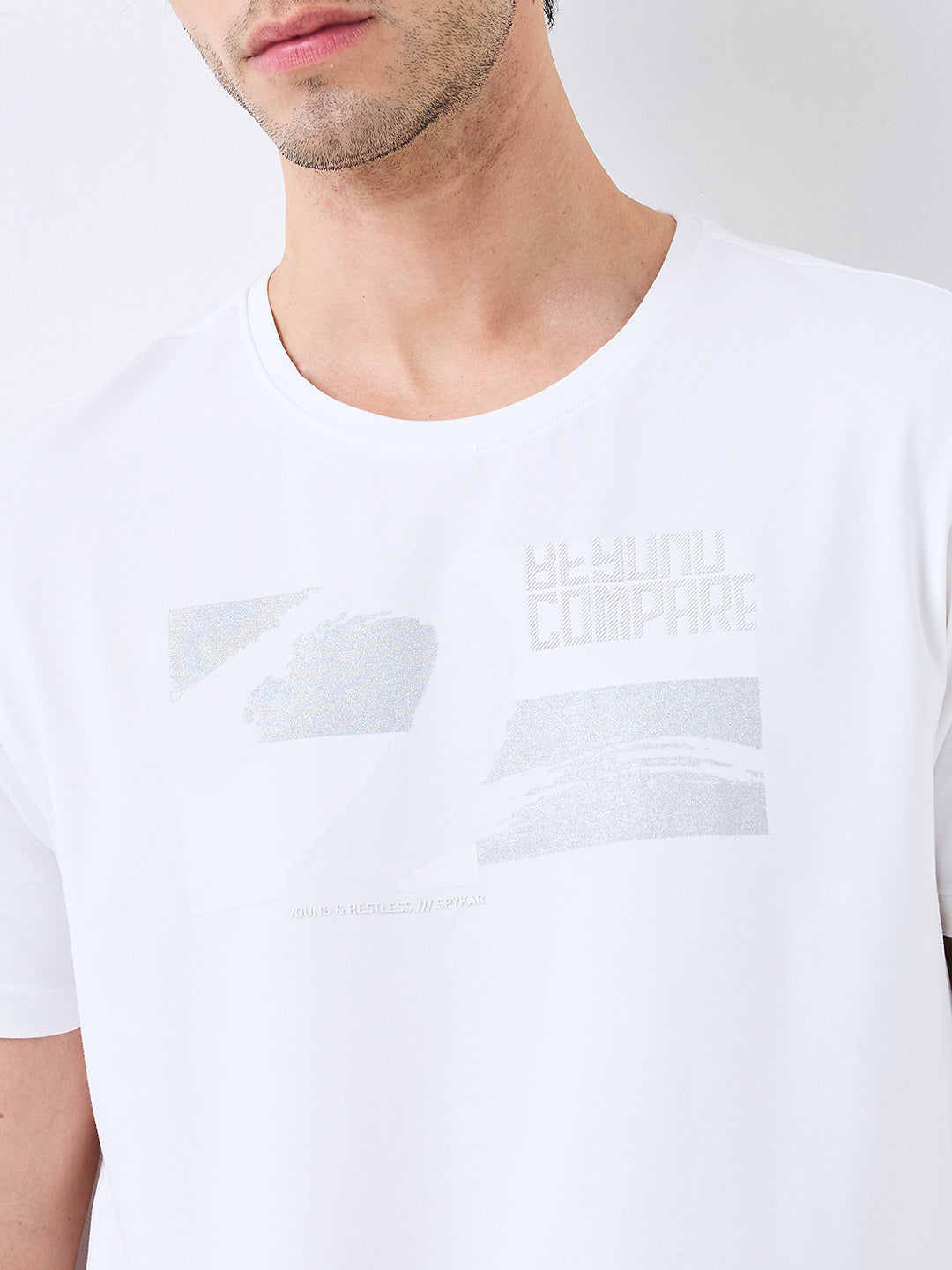 Spykar White Slim Fit Solid Half Sleeve T-Shirt For Men