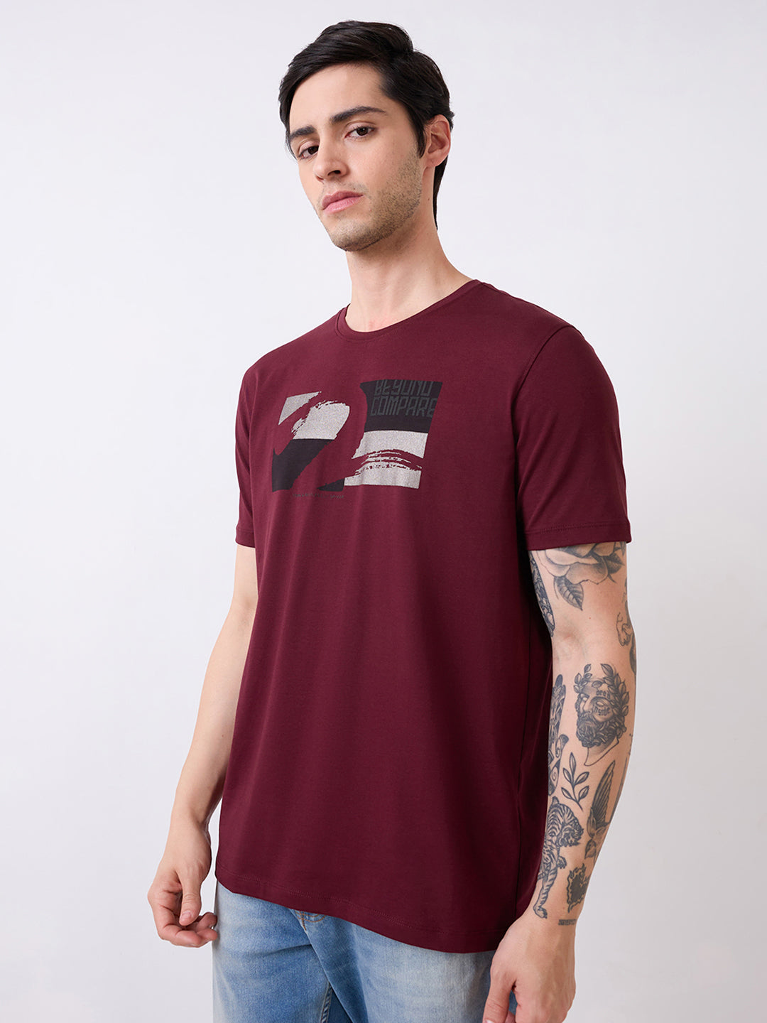 Spykar Red Half Sleeves Slim Fit T-Shirt For Men