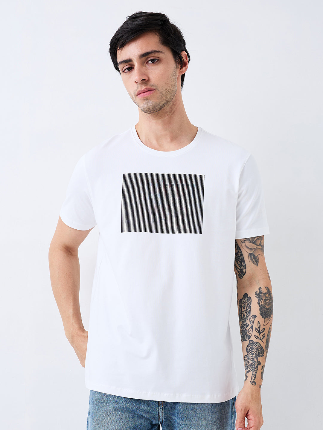 Spykar White Slim Fit Solid Half Sleeve T-Shirt For Men