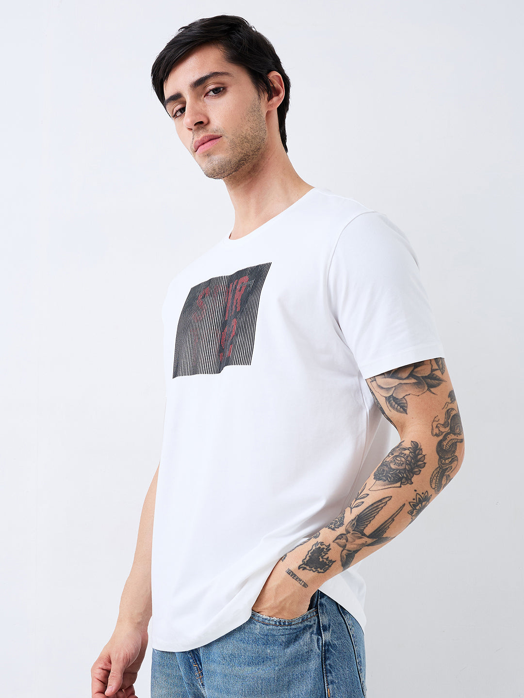 Spykar White Slim Fit Solid Half Sleeve T-Shirt For Men