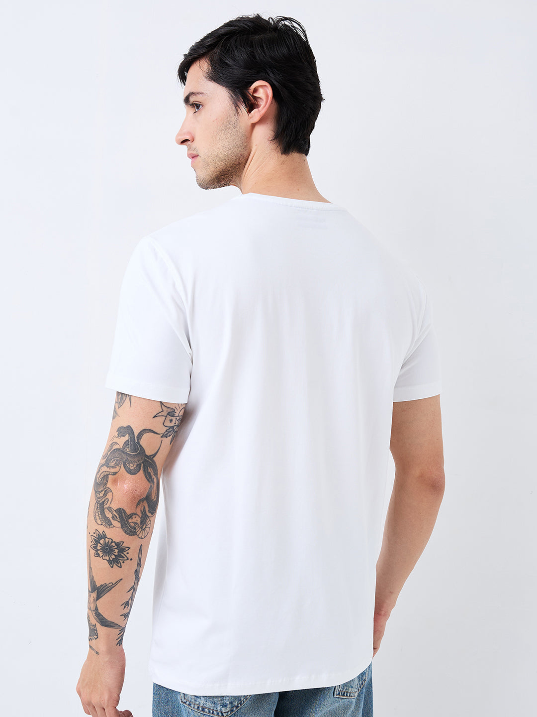 Spykar White Slim Fit Solid Half Sleeve T-Shirt For Men