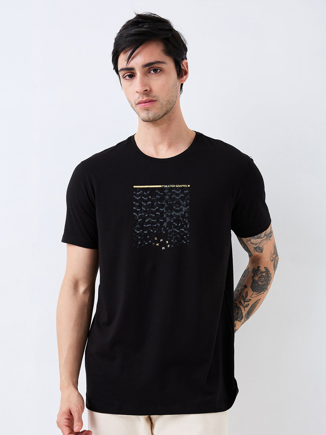 Spykar Black Slim Fit Solid Half Sleeve T-Shirt For Men