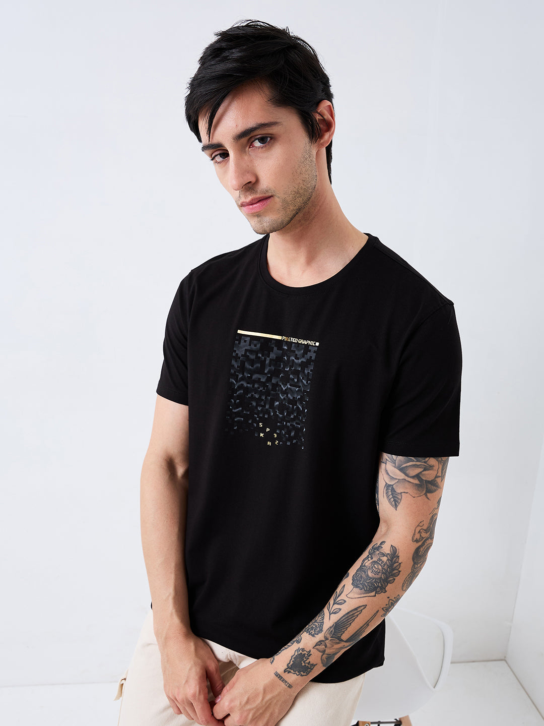 Spykar Black Slim Fit Solid Half Sleeve T-Shirt For Men