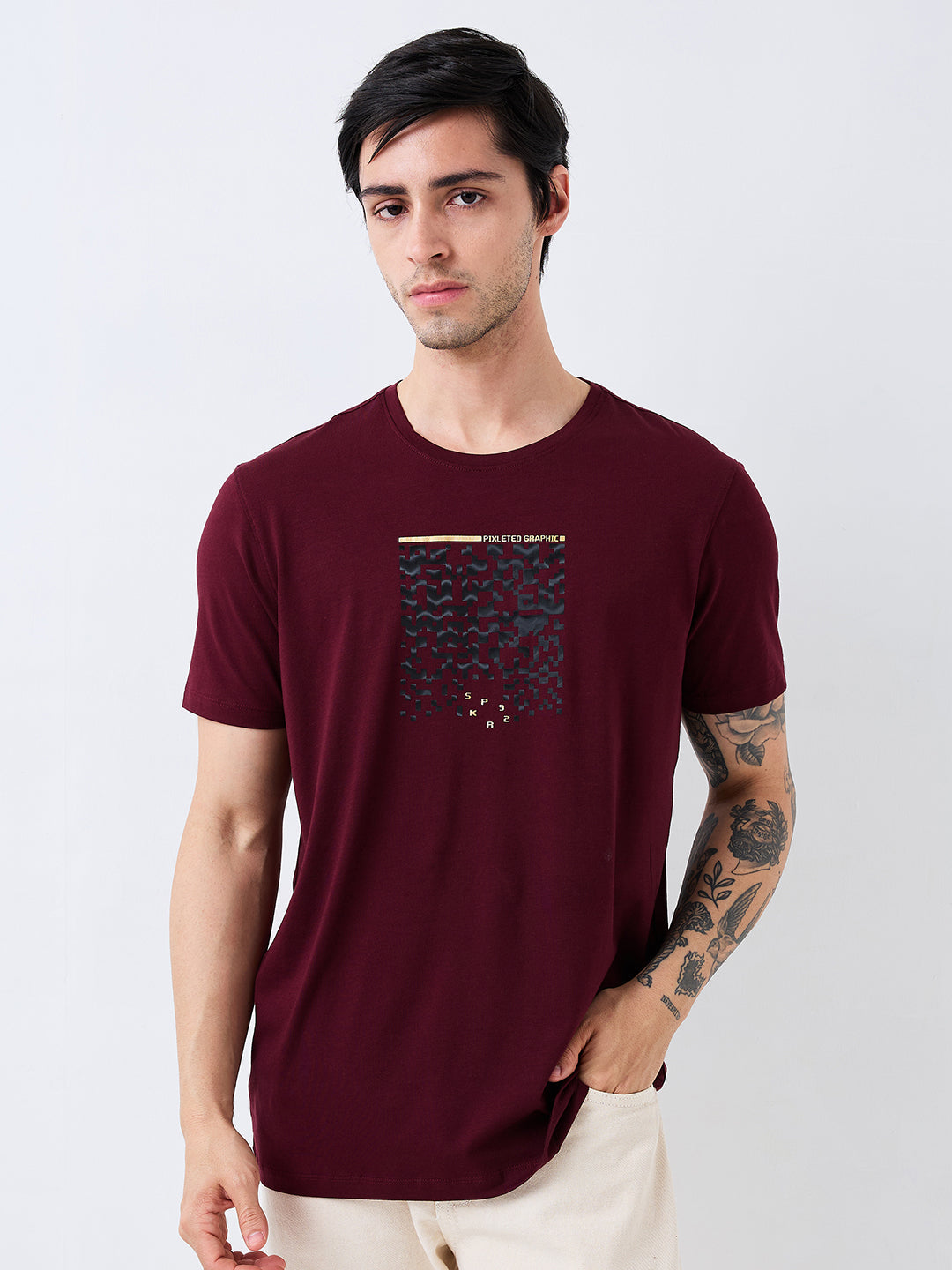 Spykar Red Slim Fit Solid Half Sleeve T-Shirt For Men