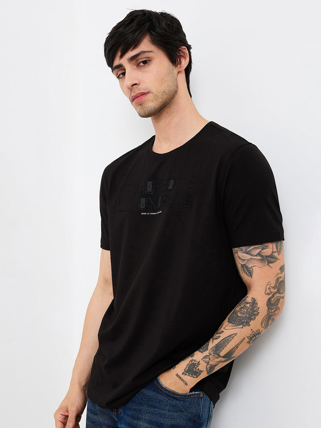 Spykar Black Slim Fit Solid Half Sleeve T-Shirt For Men