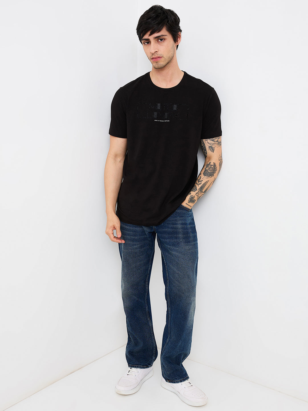 Spykar Black Slim Fit Solid Half Sleeve T-Shirt For Men