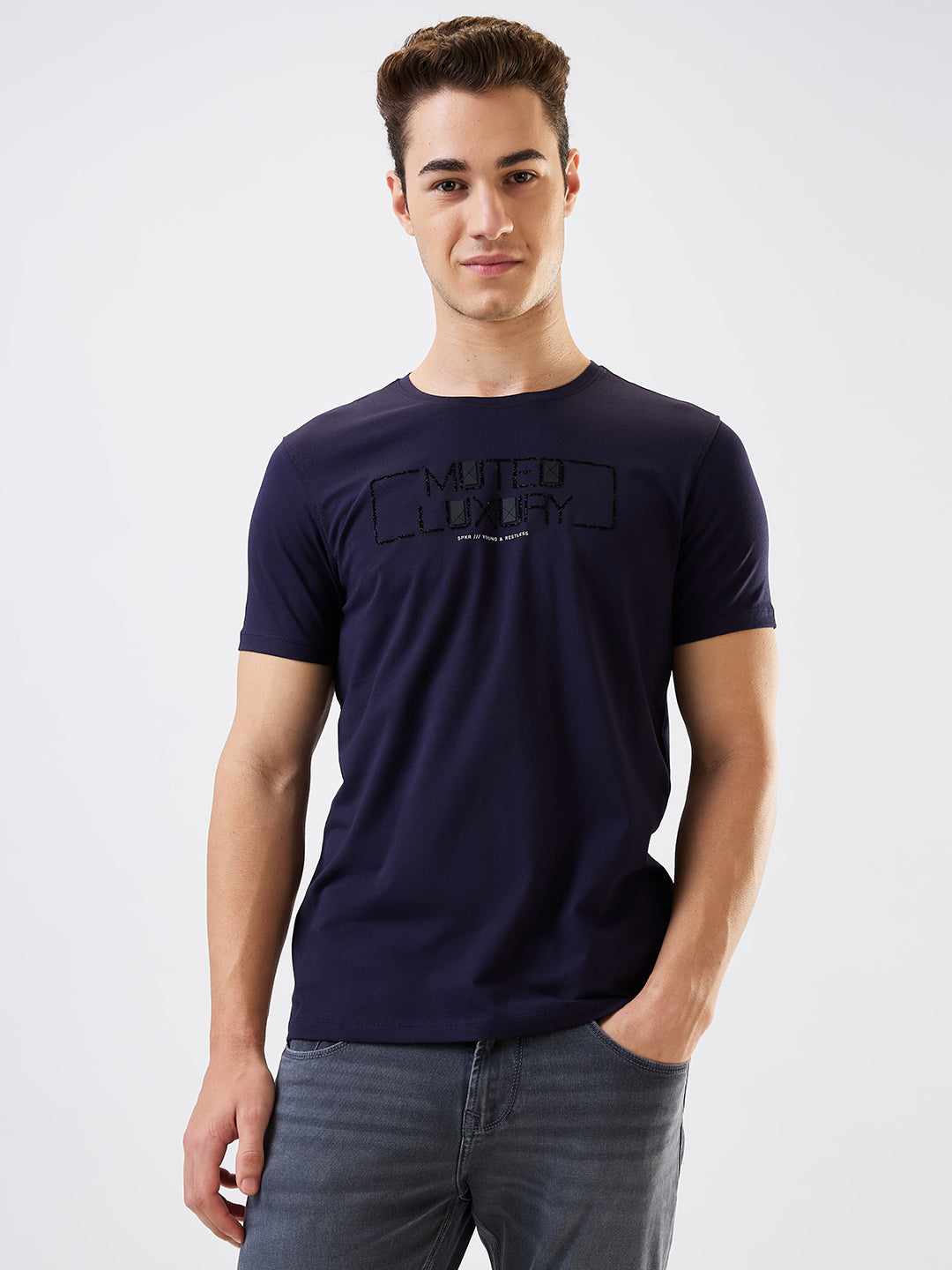 Spykar Blue Slim Fit Solid Half Sleeve T-Shirt For Men