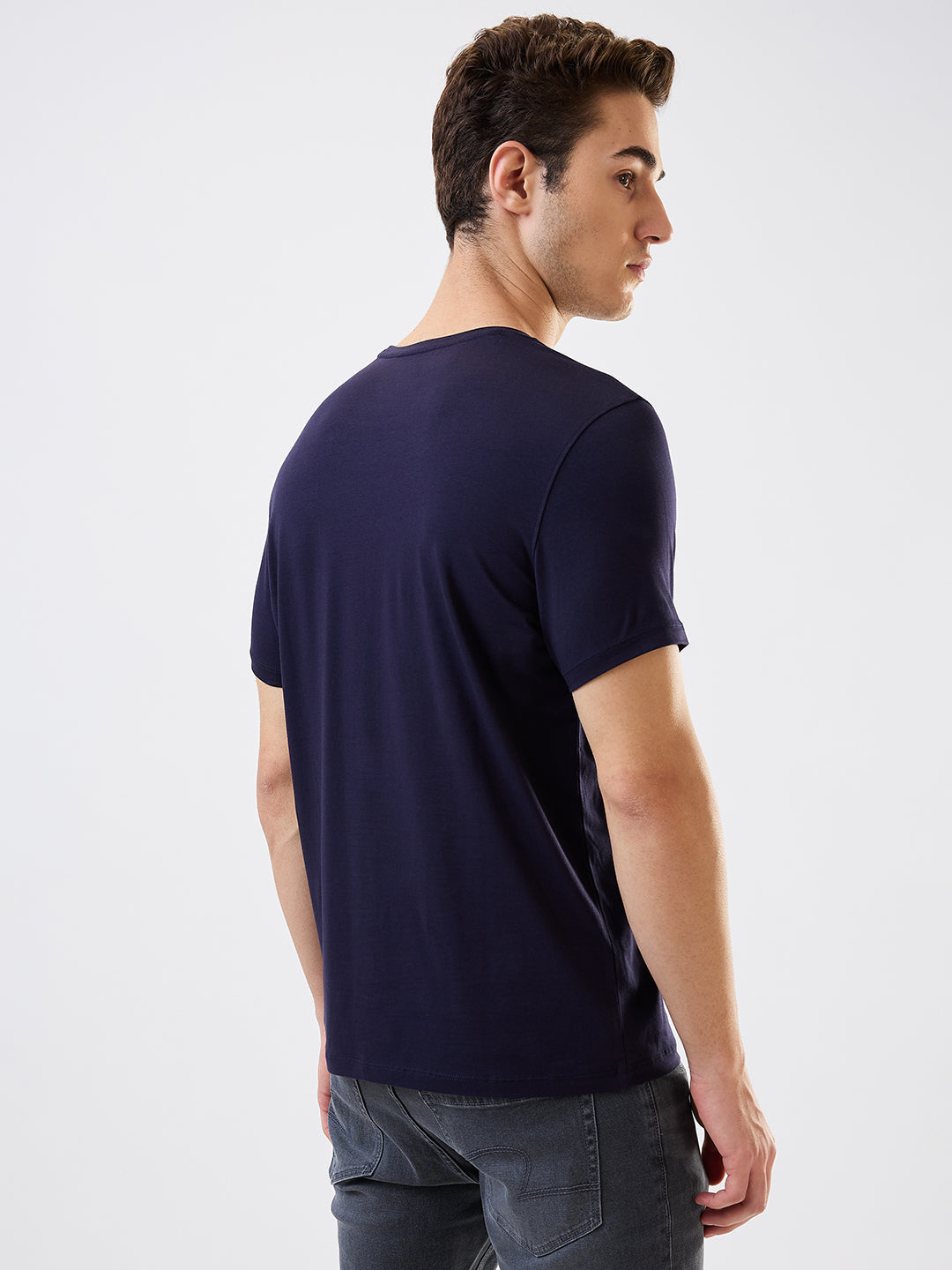 Spykar Blue Slim Fit Solid Half Sleeve T-Shirt For Men