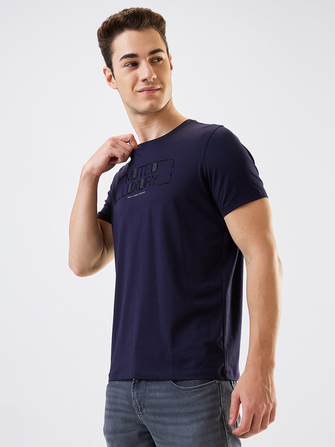 Spykar Blue Slim Fit Solid Half Sleeve T-Shirt For Men