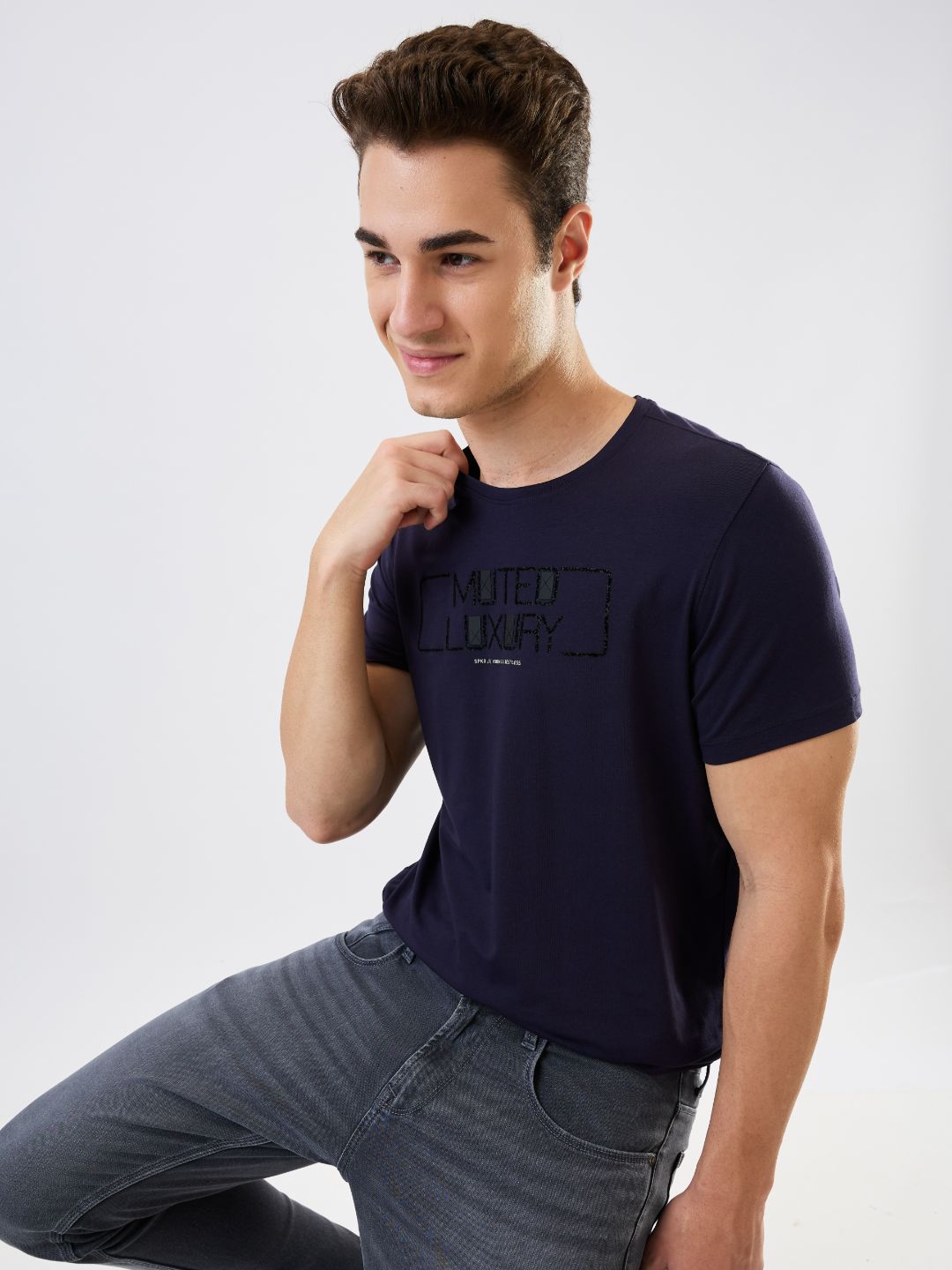 Spykar Blue Slim Fit Solid Half Sleeve T-Shirt For Men