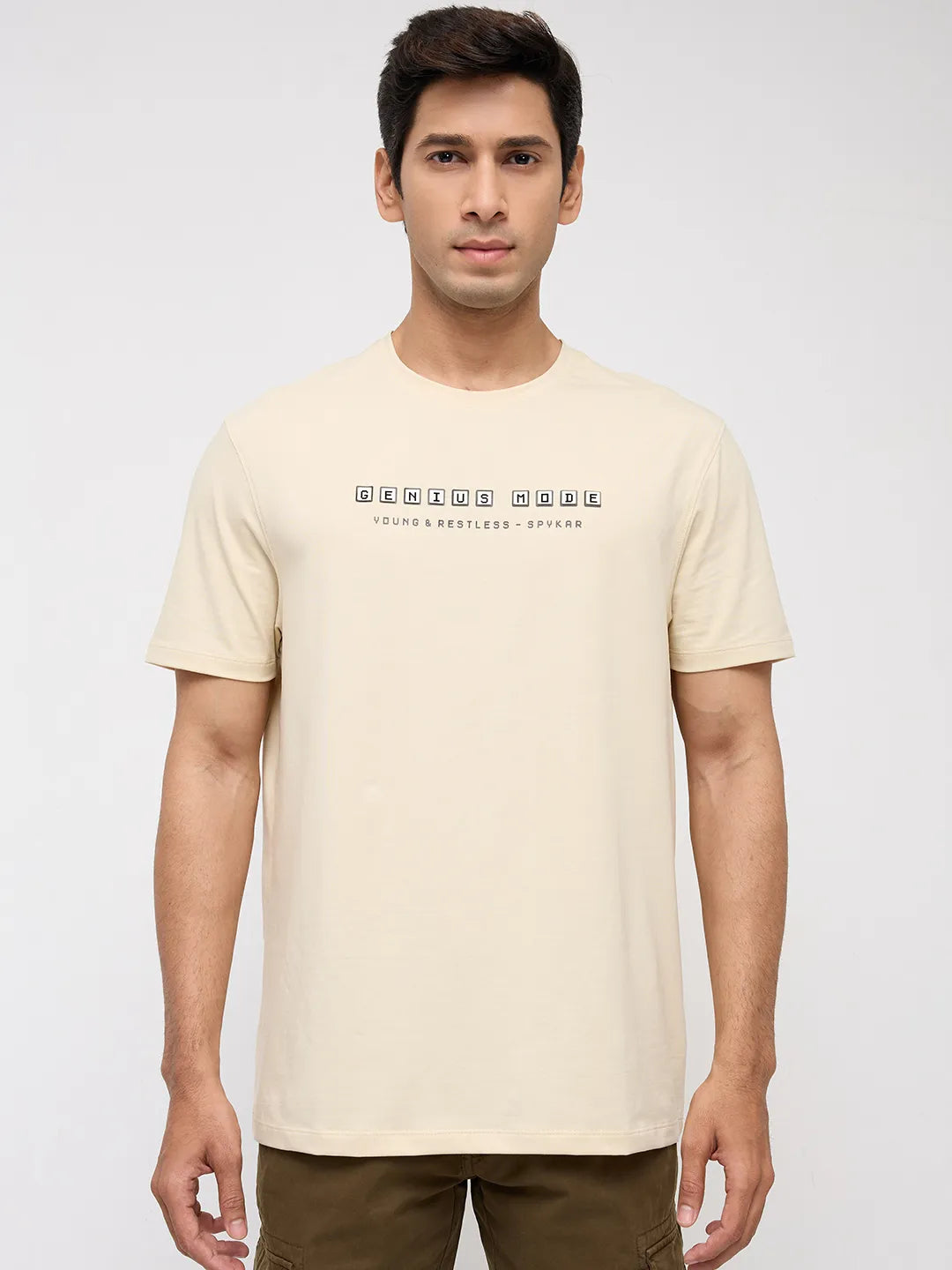 Men T-Shirt Graphic Beige Regular Fit