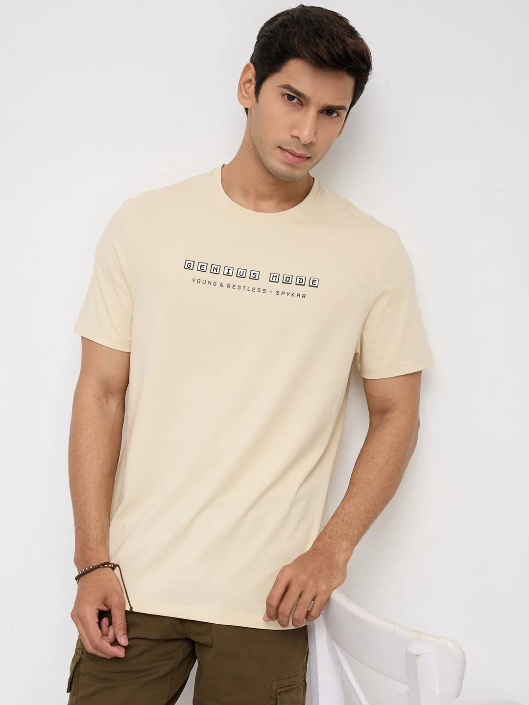 Men T-Shirt Graphic Beige Regular Fit