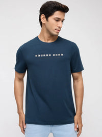 Men T-Shirt Graphic Teal Blue Regular Fit
