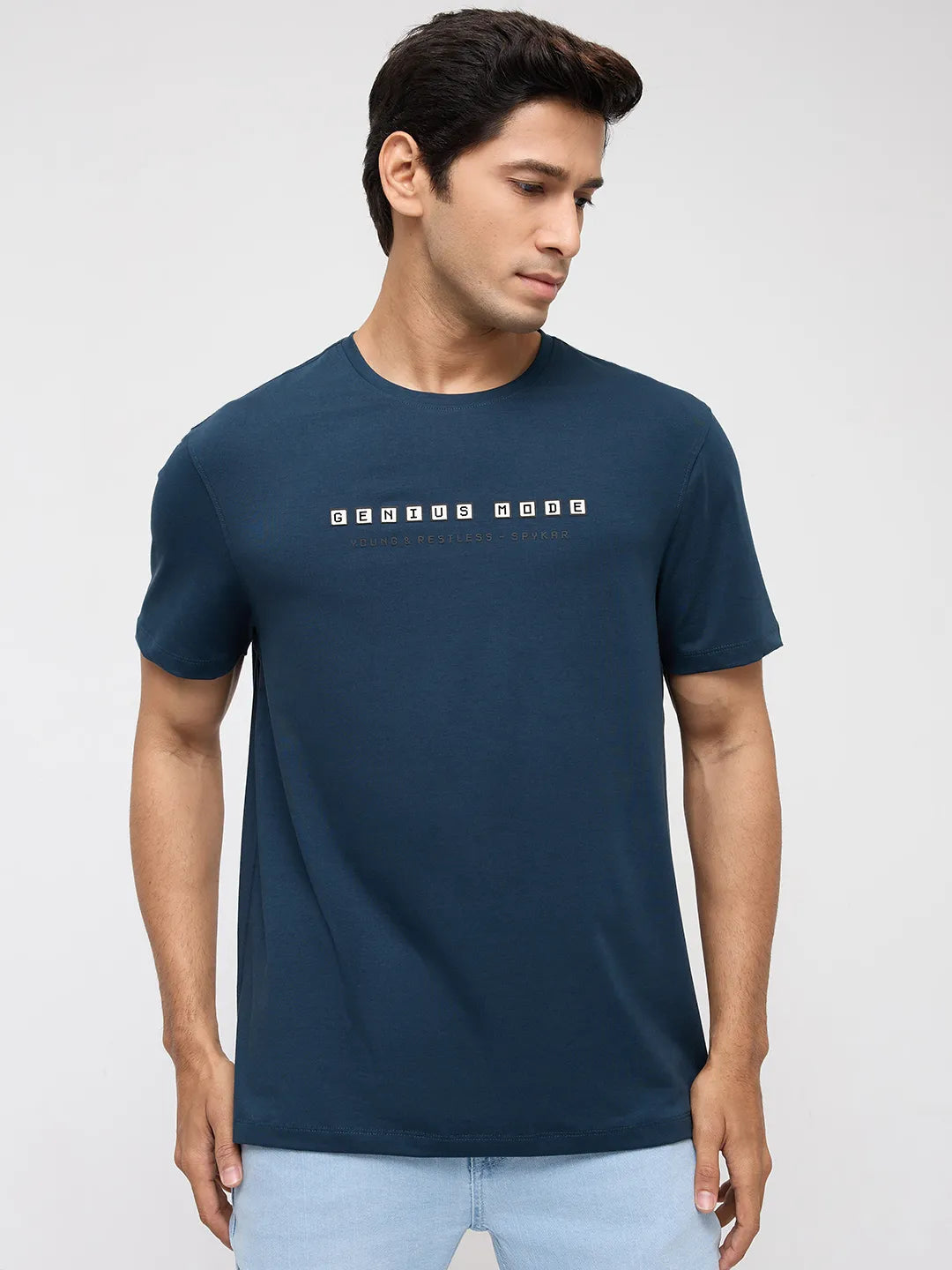Men T-Shirt Graphic Teal Blue Regular Fit