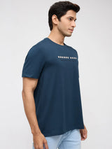 Men T-Shirt Graphic Teal Blue Regular Fit