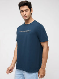 Men T-Shirt Graphic Teal Blue Regular Fit