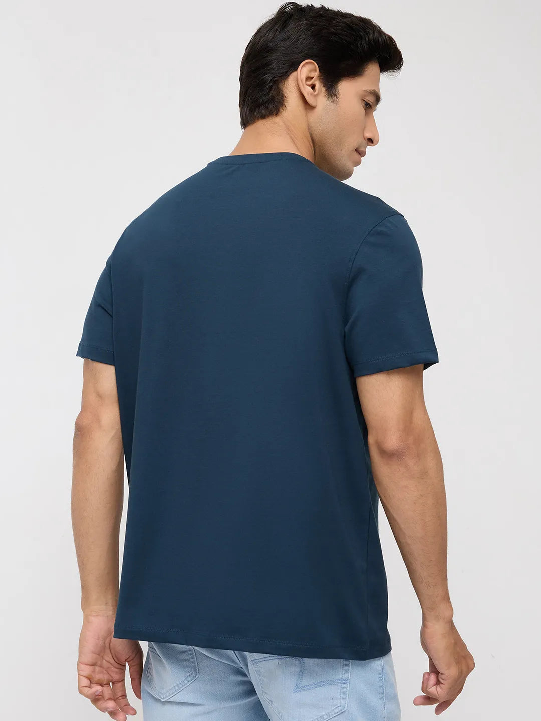 Men T-Shirt Graphic Teal Blue Regular Fit