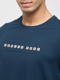 Men T-Shirt Graphic Teal Blue Regular Fit