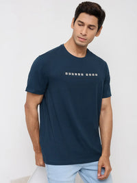 Men T-Shirt Graphic Teal Blue Regular Fit