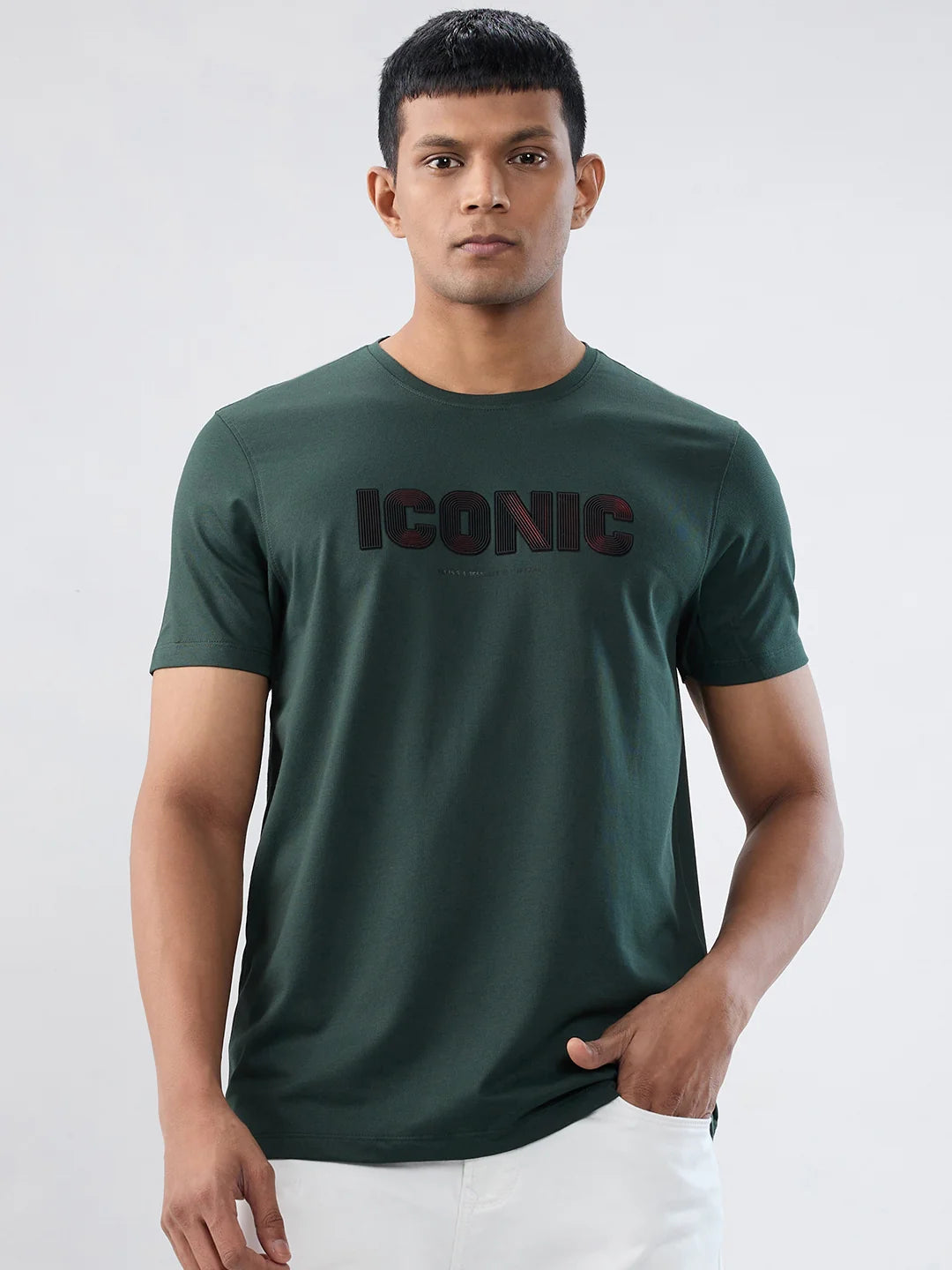 Men T-Shirt Textured Green Regular Fit