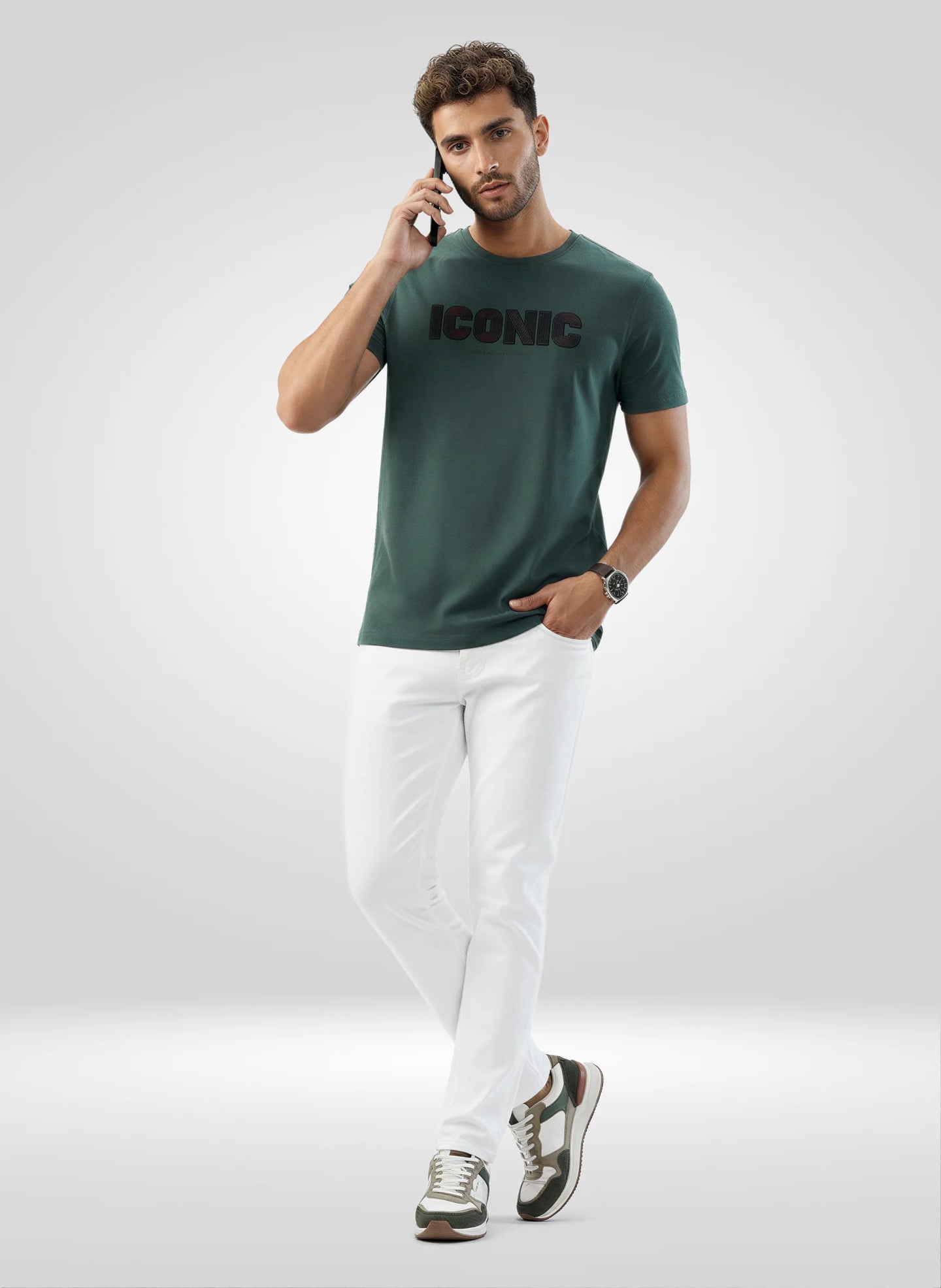 Men T-Shirt Textured Green Regular Fit