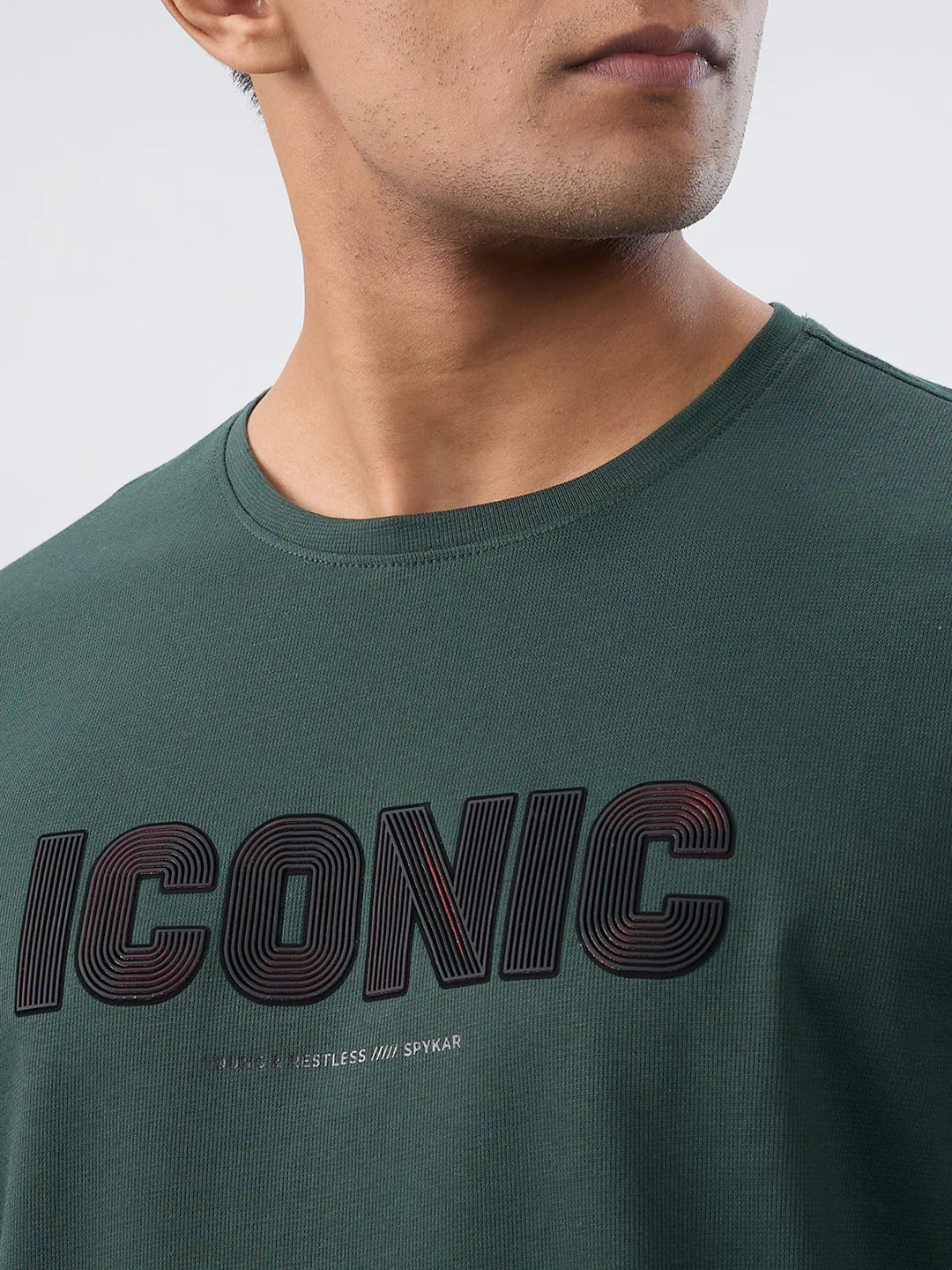 Men T-Shirt Textured Green Regular Fit