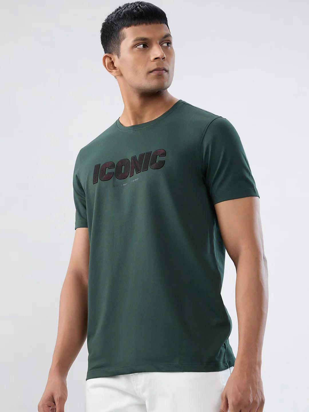 Men T-Shirt Textured Green Regular Fit