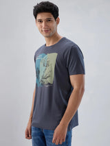 Men T-Shirt Graphic Grey Regular Fit