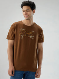 Men T-Shirt Graphic Brown Regular Fit